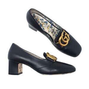 Gucci GG Marmont Victoire Pumps Interlock Leather Black 525333 Size 36.5 US 6.5